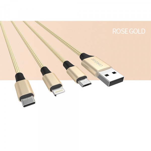 Wholesale 3 in 1 IP Lighting Type C Micro Metal Nylon Woven Aluminum USB Cable 4ft for iPhone, iDevice (Gold)